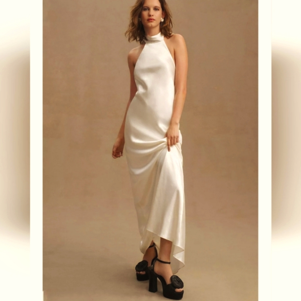 Sachin & Babi Ivory Satin Halter High Neck Wedding Gown Anthropologie Bridal 8